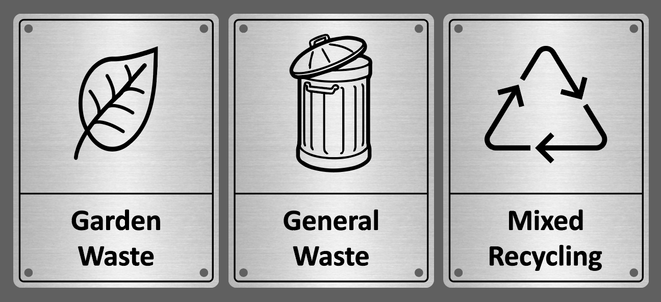 Set of 3 stainless steel signs with fixing holes and screws