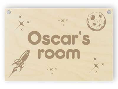 Wooden door nameplate with rocket