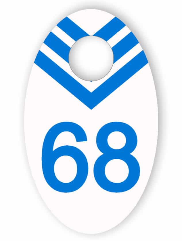 White and blue cloakroom tag