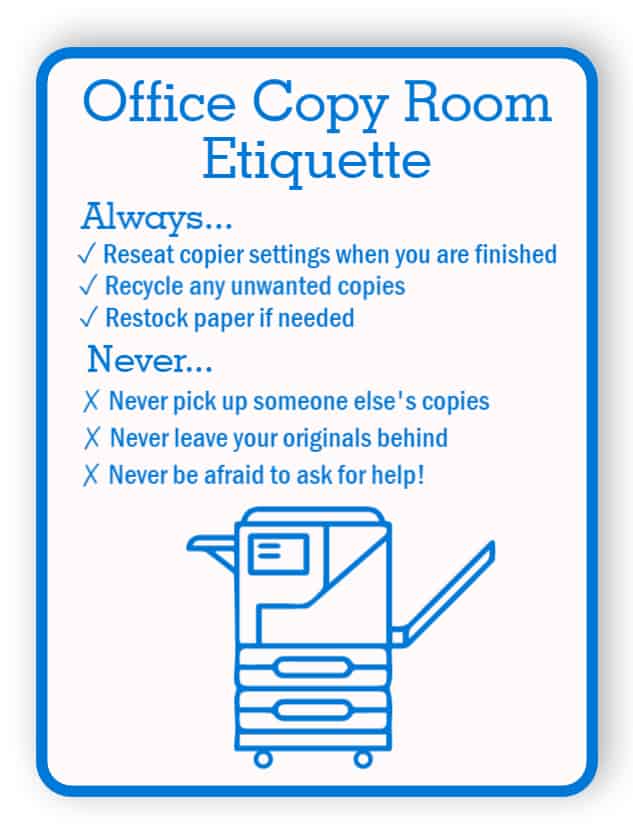 Office copy room etiquette sign