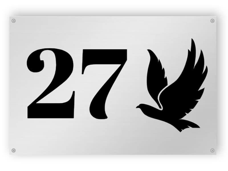 Silver house number sign with bird