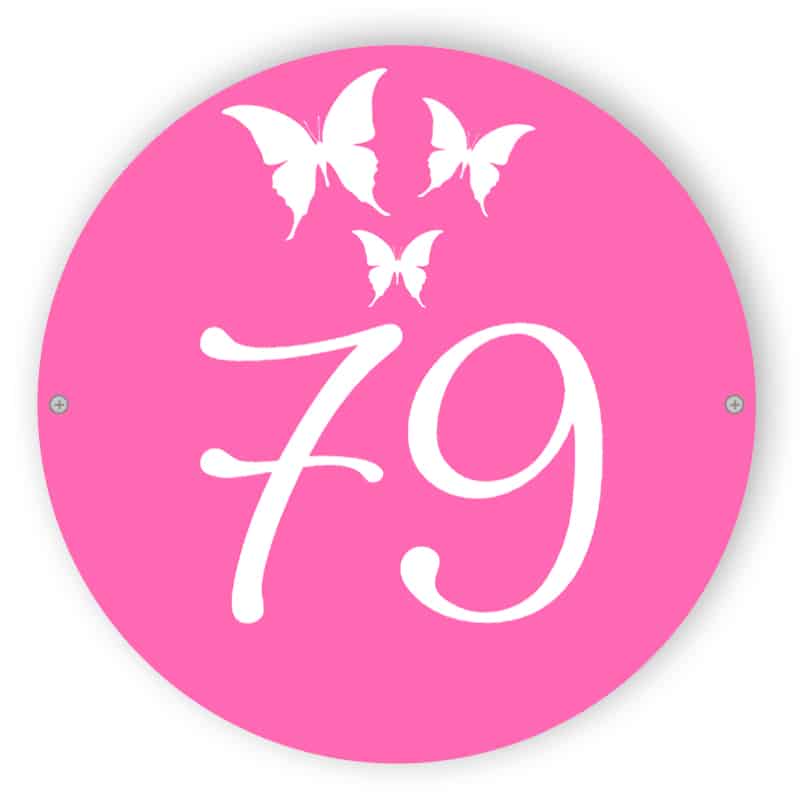 Pink house number sign with butterflies