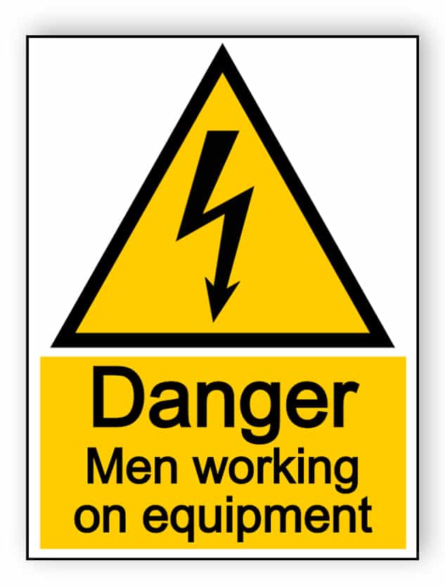 Danger men working on equipment - portrait sign