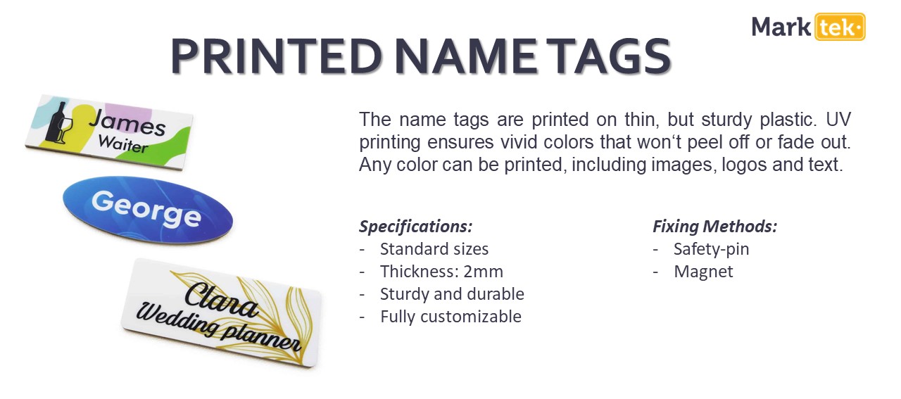 Printed name tags specifications