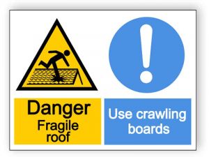 Danger fragile roof, use crawling boards - landscape sign
