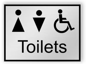 Silver toilets sign - men, women, disabled