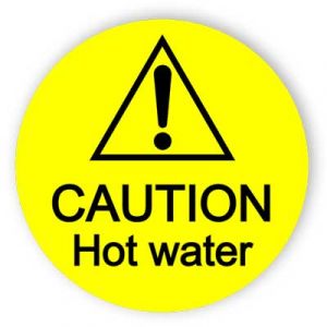 Rounded caution hot water sticker