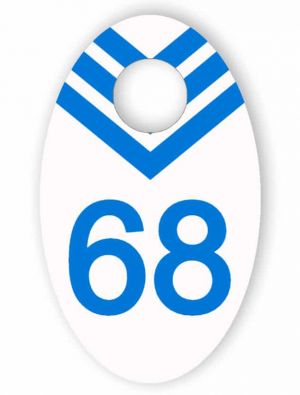 White and blue cloakroom tag