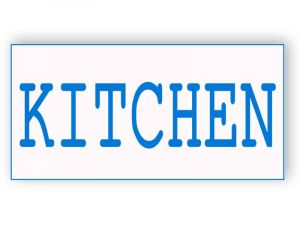 White and blue kitchen sign