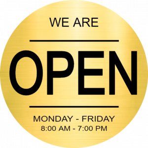 Round gold sign - we are open