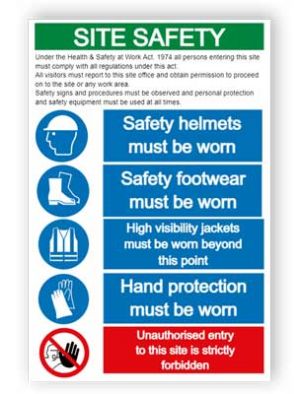 Site safety sign, helmets, footwear, high visibility, hand protection, unauthorised entry sign
