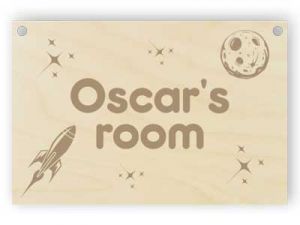 Wooden door nameplate with rocket