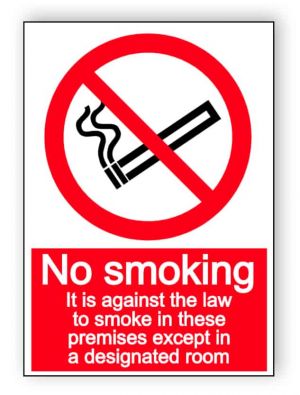 No smoking except in designated room - portrait sign